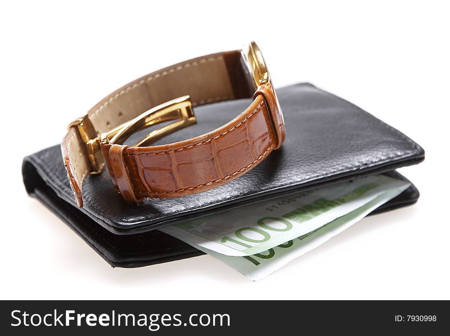 Purse and watch isolated on white background