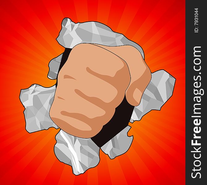 Fist breaking paper on red background, vector illustration, AI file included
