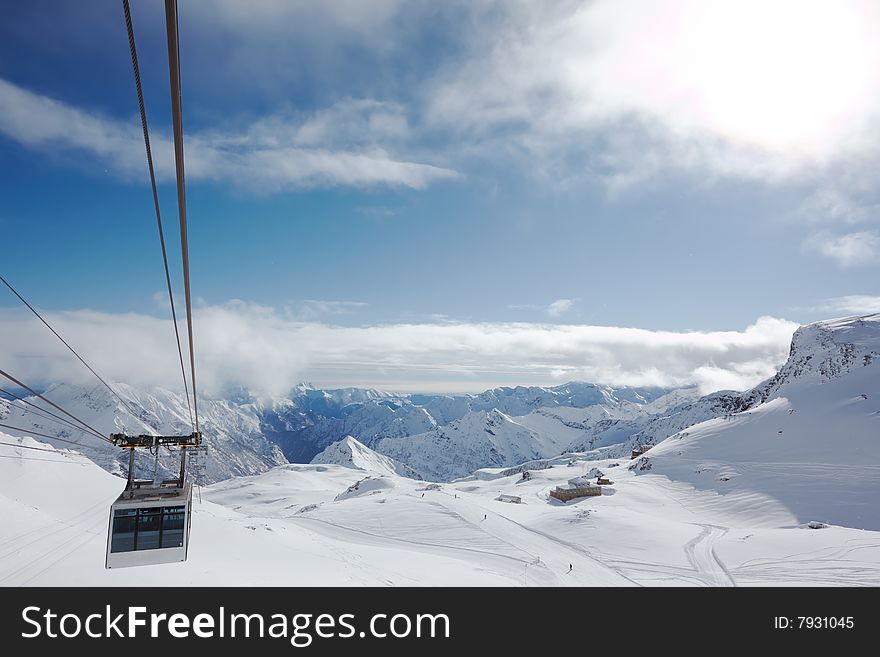 Modern cable car in Alagna Valsesia Ski resort; Piemonte, Italy.