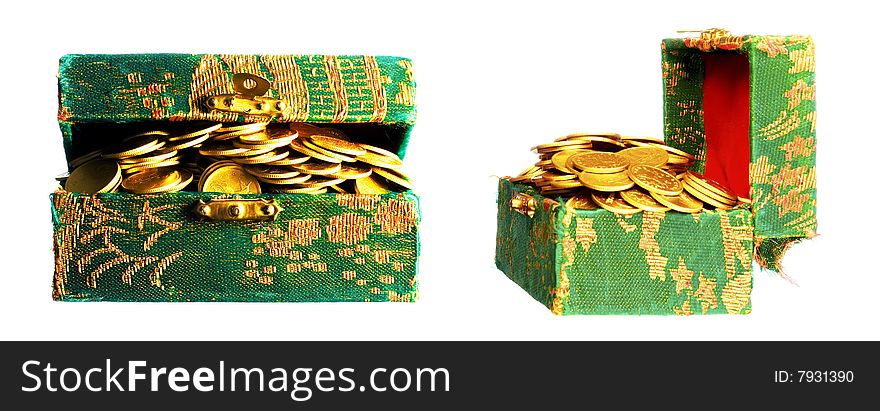 Gold coins in a box isolated on white set