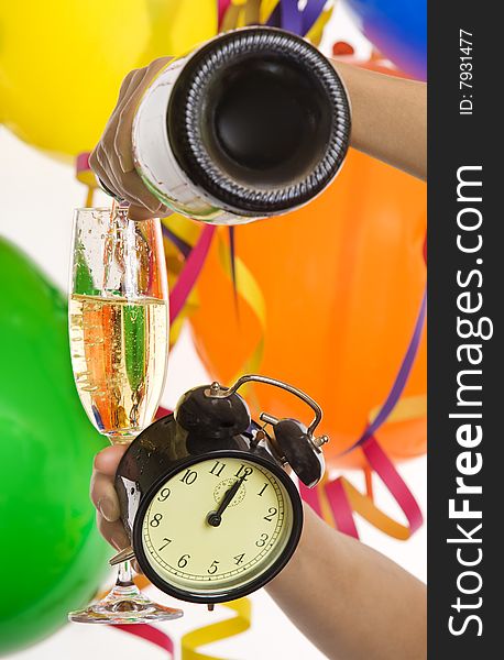 New Year With Champagne And Clock