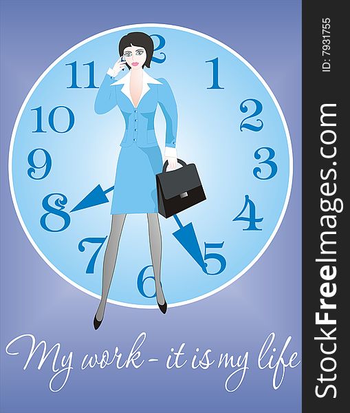 Business work a woman is business time illustration office style office manager clock. Business work a woman is business time illustration office style office manager clock