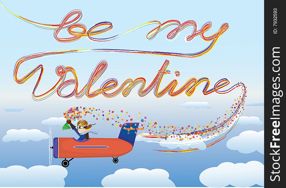 Pilot sitting in airplane with bunch of flowers and inscriptionin the sky(vector, CMYK)