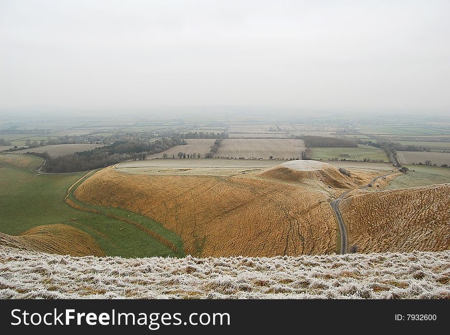 English landscape taken in Uffington White Horse Hill, near Oxford, England. Very cold.