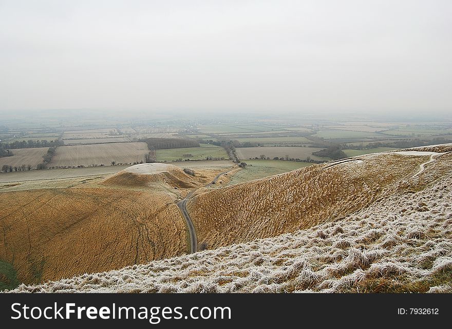 English landscape taken in Uffington White Horse Hill, near Oxford, England. Very cold.