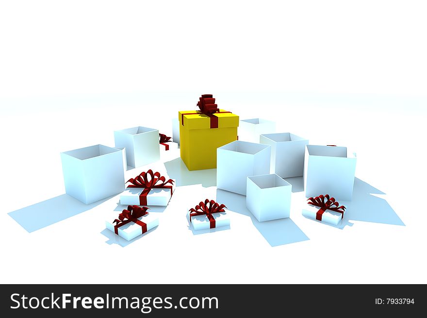 Opened gift boxes - 3d isolated illustration on white. Opened gift boxes - 3d isolated illustration on white