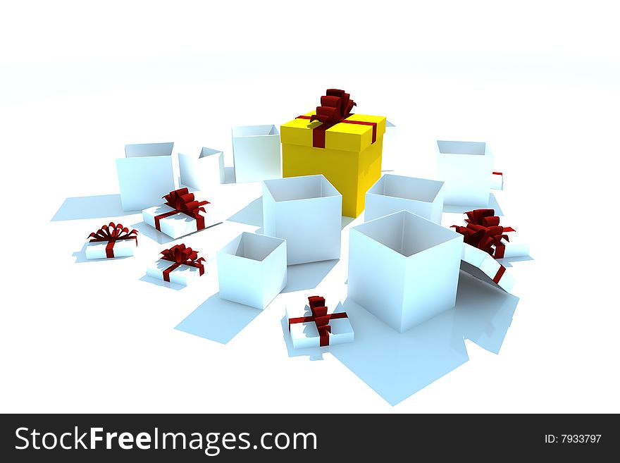 Opened gift boxes - 3d isolated illustration on white. Opened gift boxes - 3d isolated illustration on white