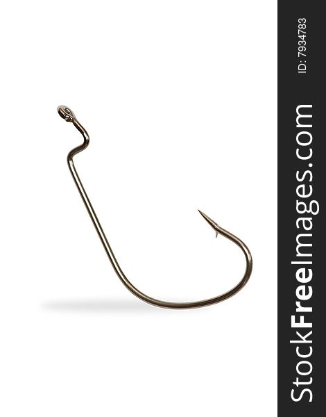 Big isolated fish-hook standing on white background. Big isolated fish-hook standing on white background