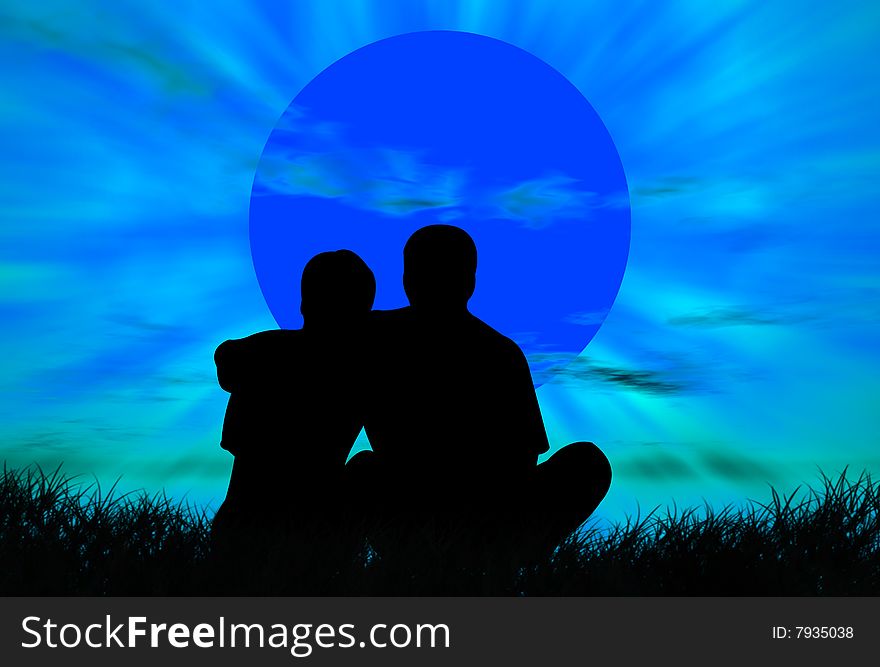 Lovers on the grass in front of the sunset. Lovers on the grass in front of the sunset