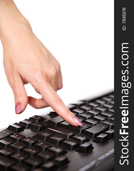 Close-up of woman�s hand touching computer keys