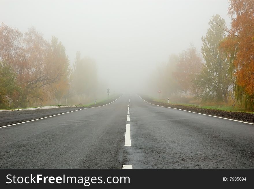 Empty road to a fog. Autumn