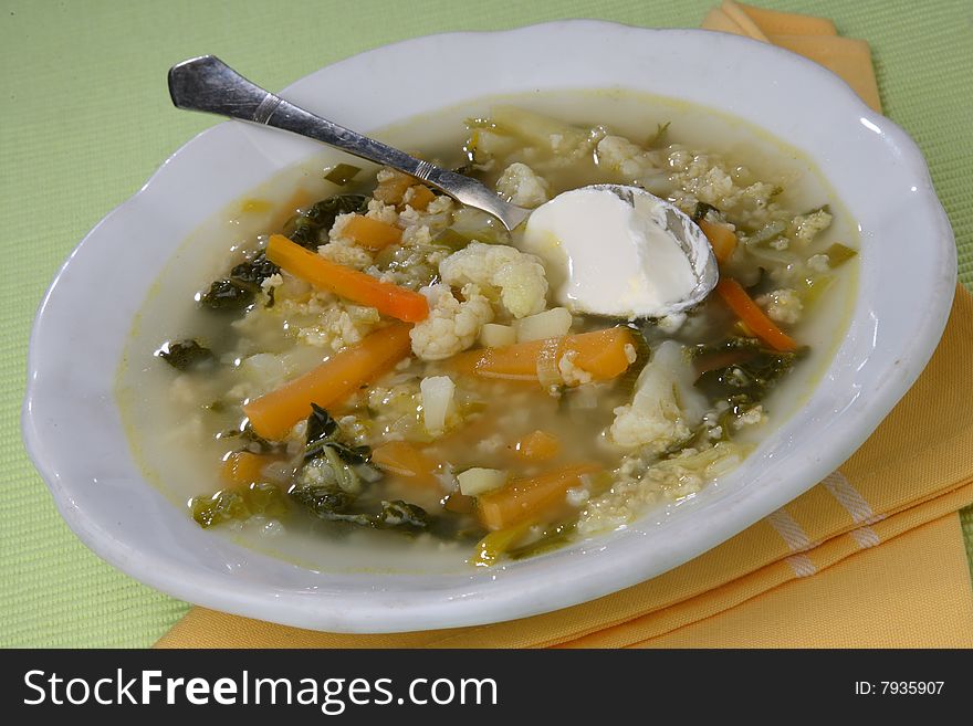 Vegetable mix soup on plate. Vegetable mix soup on plate