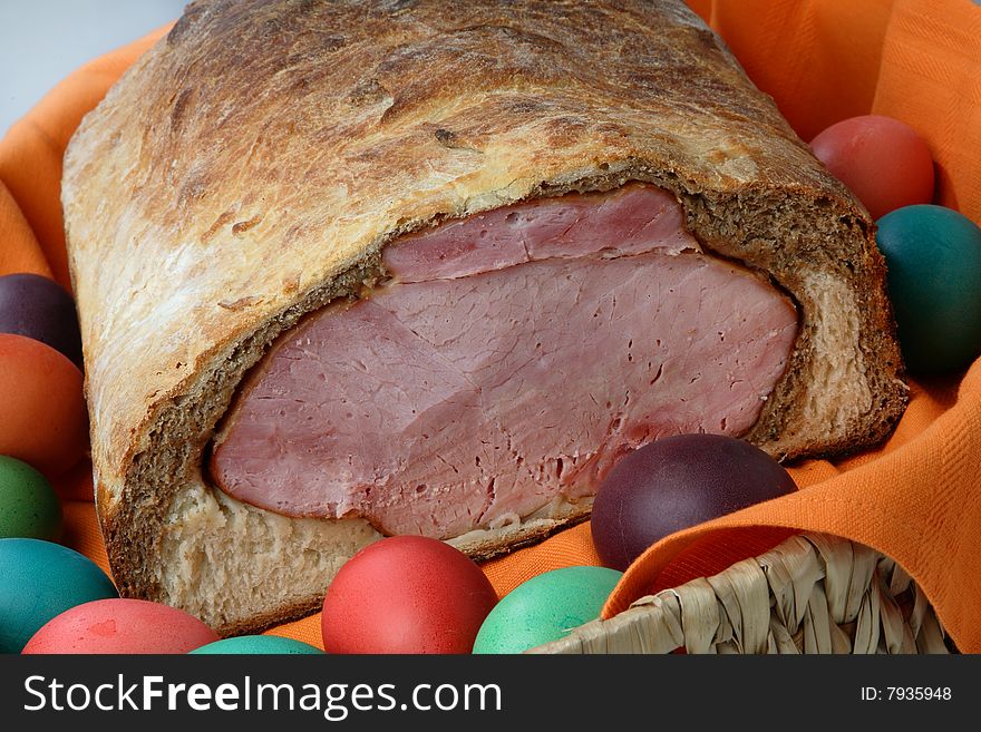 Easter Ham On Bread With Colored Eggs