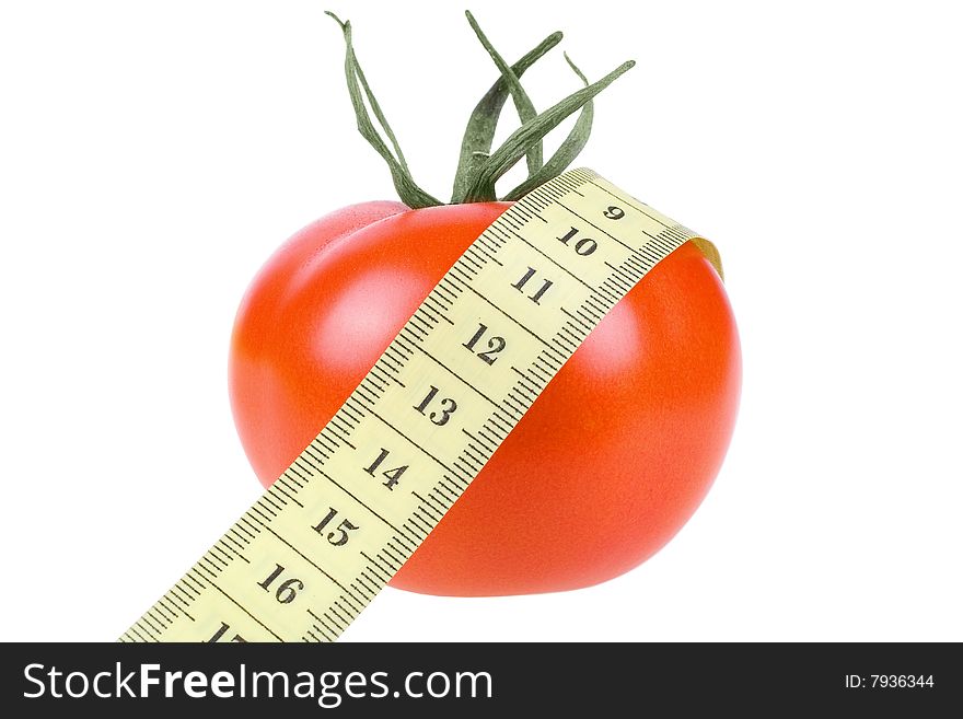 Fresh Tomato with measuring tape on white background