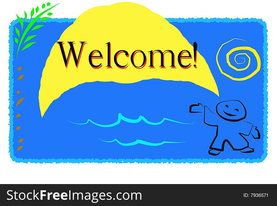A blue tag with a kid on the right down corner saying welcome on a yellow balloon all surrounded by a palm on the left, a yellow sun on the right, and blue sea. Digital drawing. Coloured Picture. A blue tag with a kid on the right down corner saying welcome on a yellow balloon all surrounded by a palm on the left, a yellow sun on the right, and blue sea. Digital drawing. Coloured Picture.