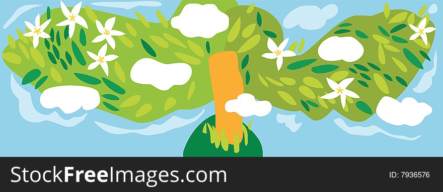 Spring, green blossoming tree with clouds
