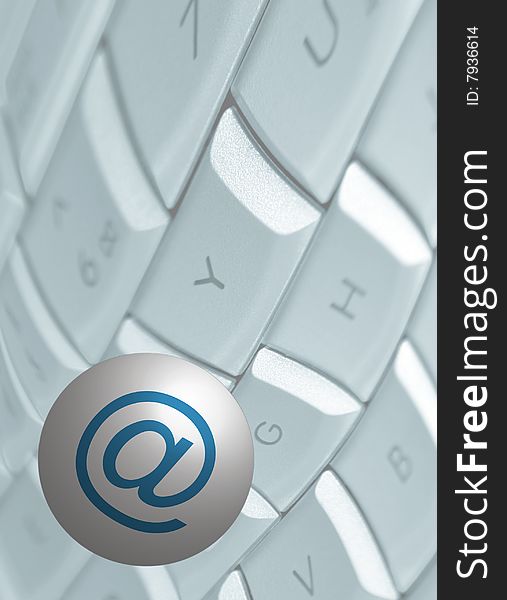 Email symbol on ball over distorted computer keyboard. Email symbol on ball over distorted computer keyboard