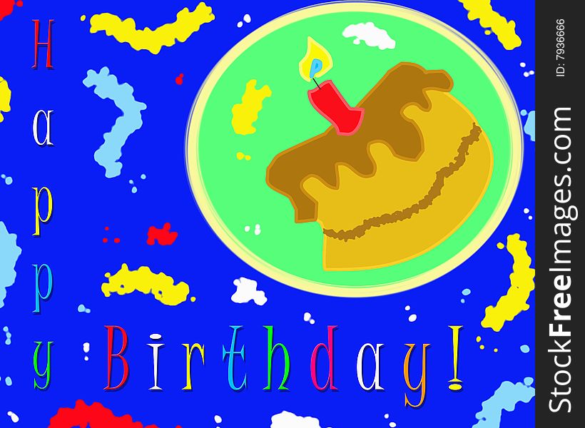 A happy birthday card with a funny chocolate cake, on the right up corner, with a red candle upon the chocolate cream, all surrouded by multicolor cream drops on a blue background. Digital drawing. Coloured picture. A happy birthday card with a funny chocolate cake, on the right up corner, with a red candle upon the chocolate cream, all surrouded by multicolor cream drops on a blue background. Digital drawing. Coloured picture.