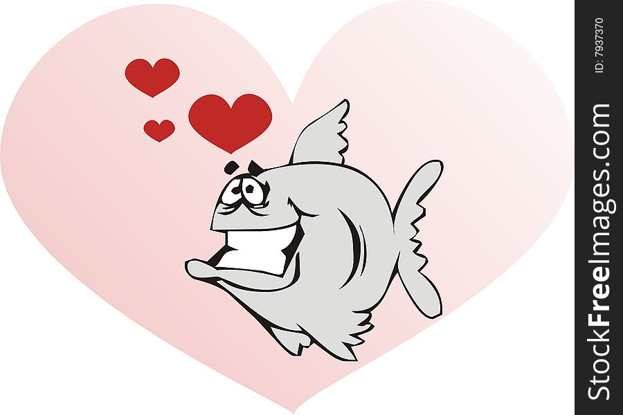 Gray fish and a big pink heart illustration. Gray fish and a big pink heart illustration