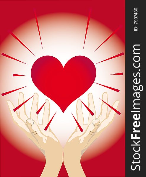 Shining heart in hands on white-red gradient background