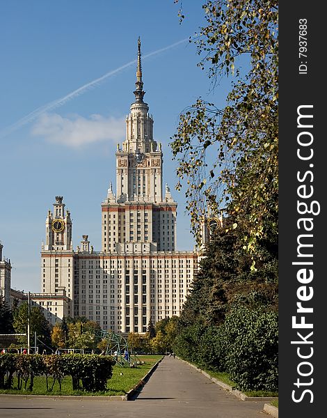 The Moscow State University main building side view. The Moscow State University main building side view