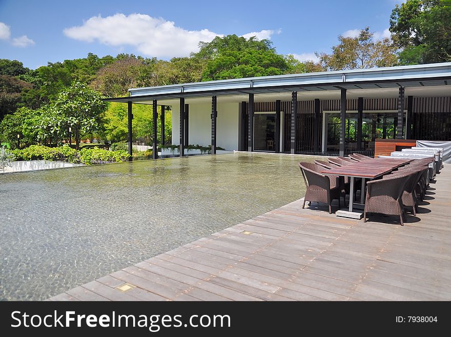 Outdoor dining place beside pond