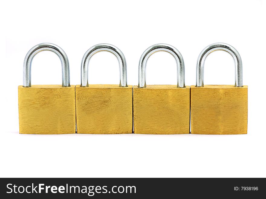 Four golden locks put side by side over white background.