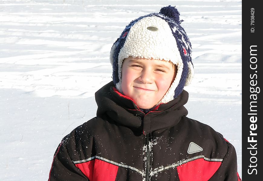 Smiling Boy Snow In Winter