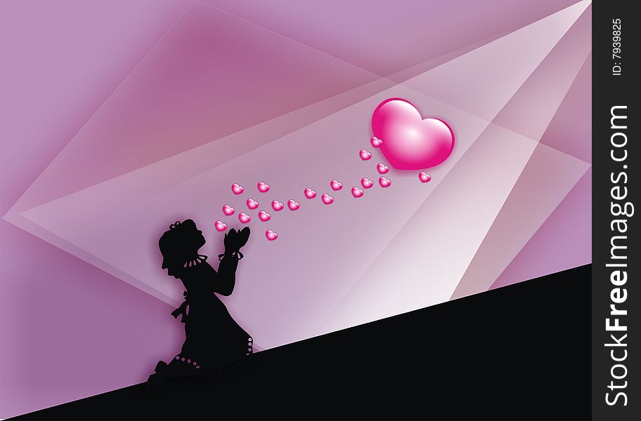 Violet and pink background with a girl silhouette illustration. Violet and pink background with a girl silhouette illustration