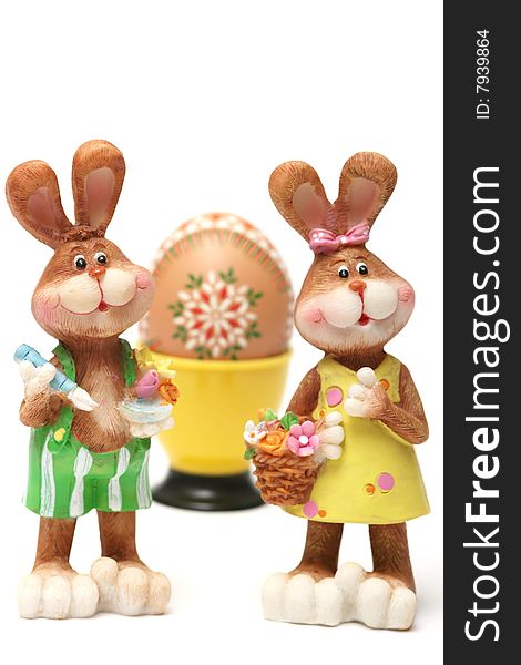 Easter bunnies with easter egg on white background. Easter bunnies with easter egg on white background.