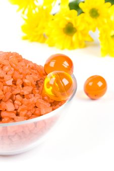 Bath Salt, Oil Balls In A Bowl And Yellow Flowers Royalty Free Stock Photos Bath Salt, Oil Balls In A Bowl And Yellow Flowers Royalty Free Stock Photos