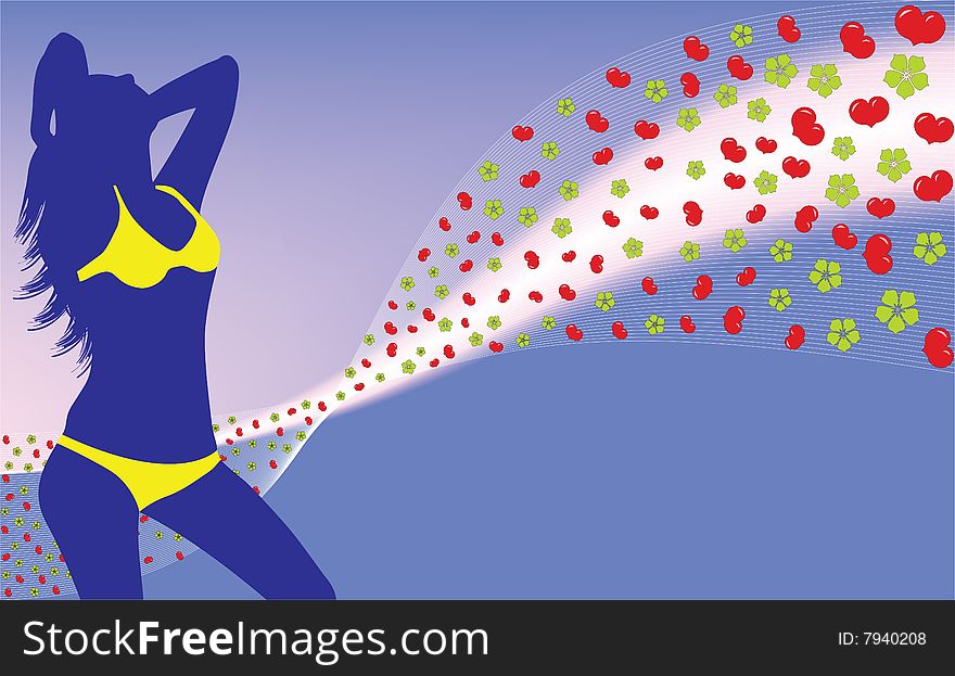 Beautiful valentine's woman silhouette on whirlwind hearts and flowers