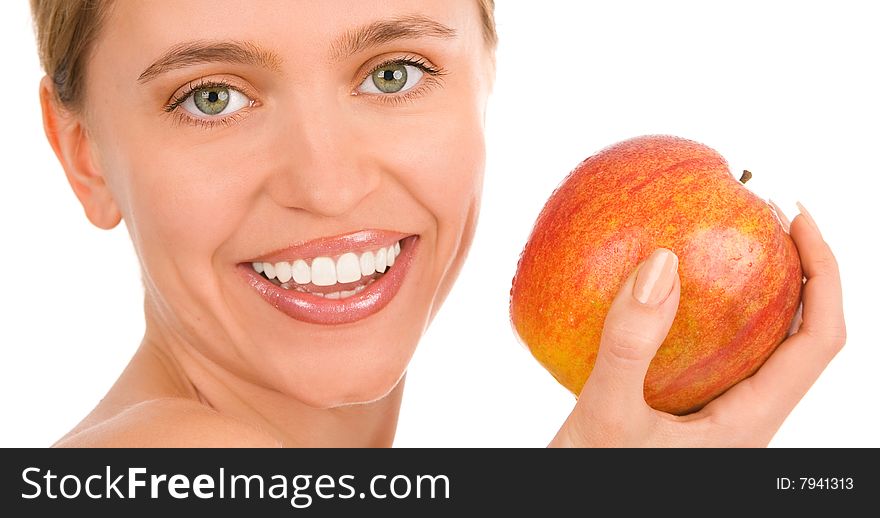 Happy Woman With A Red Apple