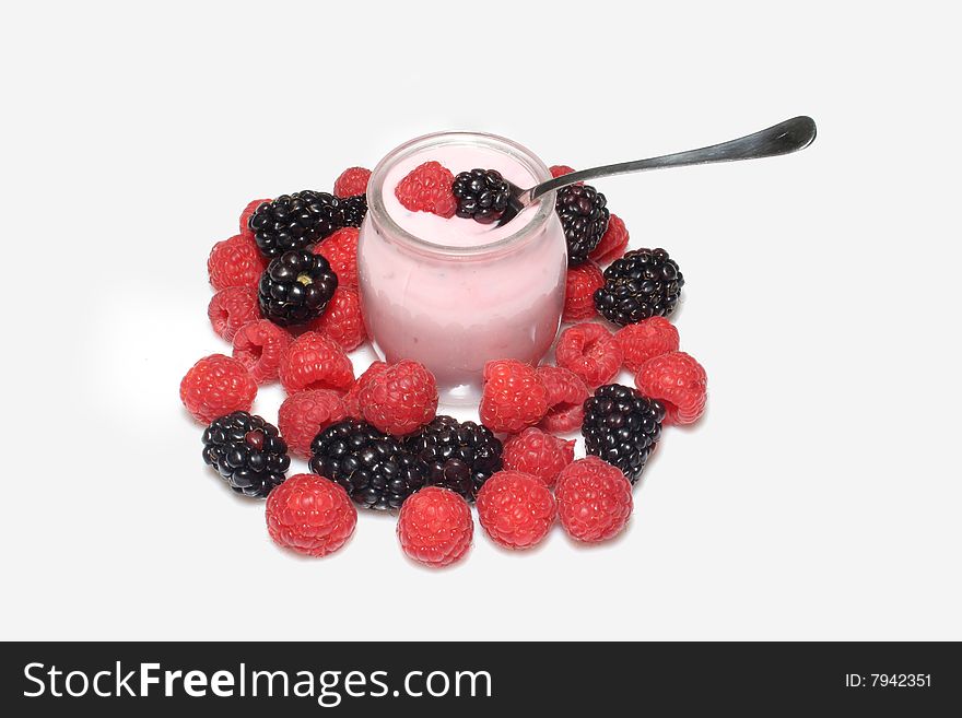 Yogurt with Blackberry and raspberries on white background. Yogurt with Blackberry and raspberries on white background