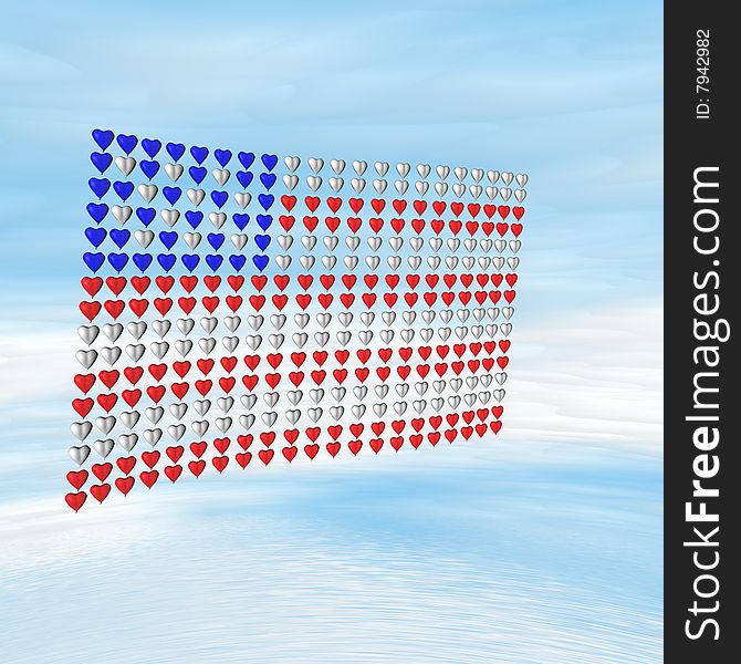 3D illustration of USA flag over a blue sky background. 3D illustration of USA flag over a blue sky background