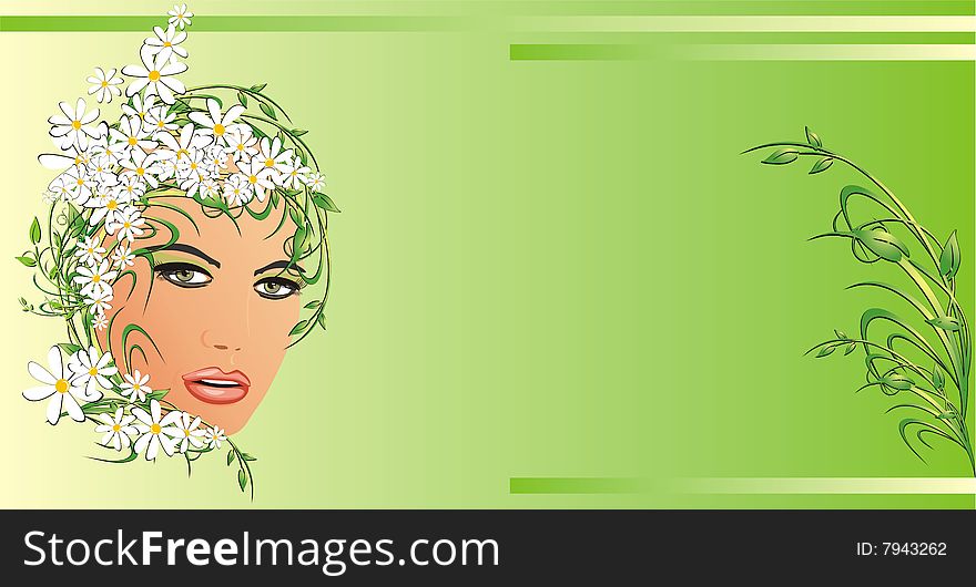 Abstract portrait of beautiful woman with chamomiles. Background for card. Vector illustration