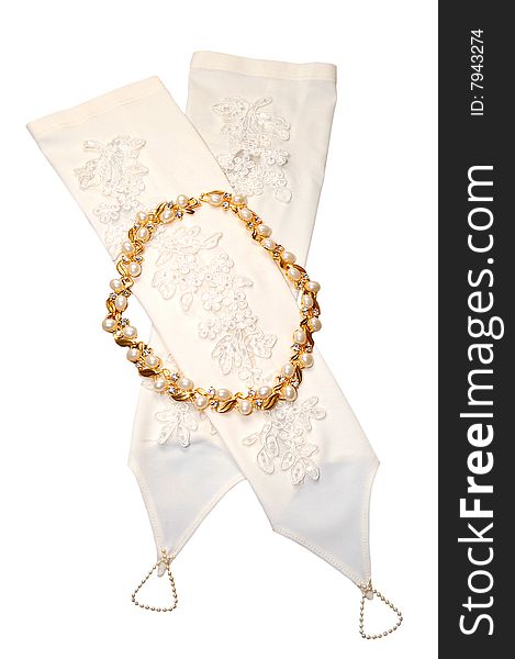 Gloves and necklace for bride on white background
