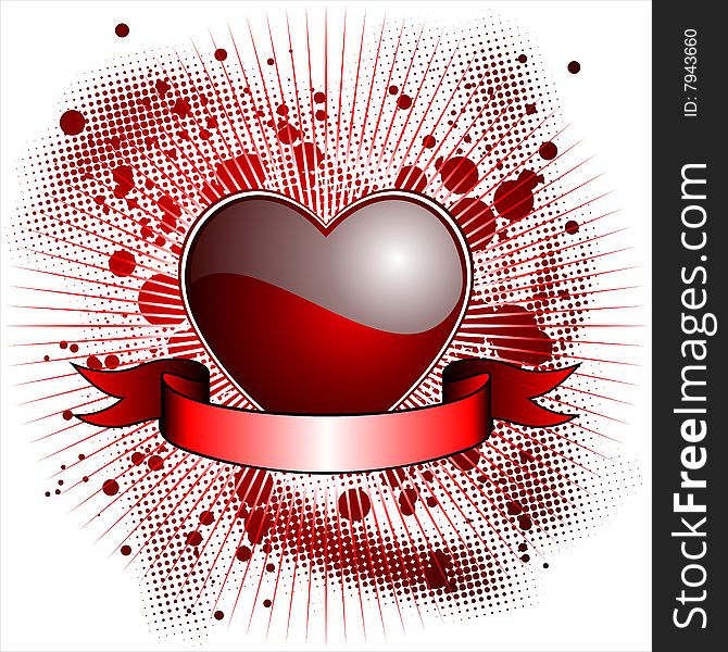 Valentine's day illustration with glossy red heart and ribbon