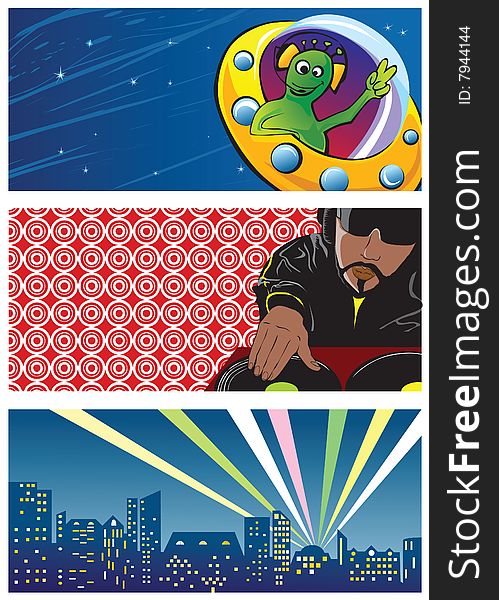Vector a banner and the alien, the DJ and city. Vector a banner and the alien, the DJ and city