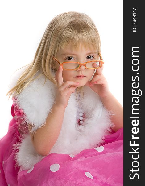 Little girl wearing glasses, white boa, and a pink dress on a white background. Little girl wearing glasses, white boa, and a pink dress on a white background.