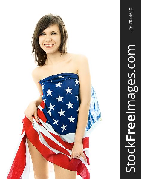 Beautiful Woman Wrapped Into The American Flag