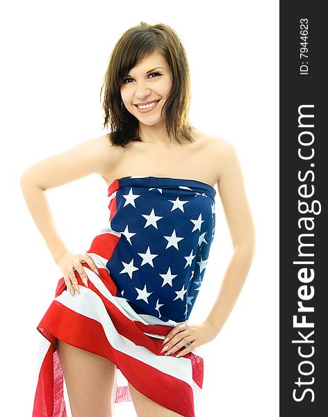 Woman wrapped into the American flag