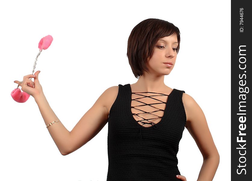 Dark haired girl with handcuffs isolated over white. Dark haired girl with handcuffs isolated over white