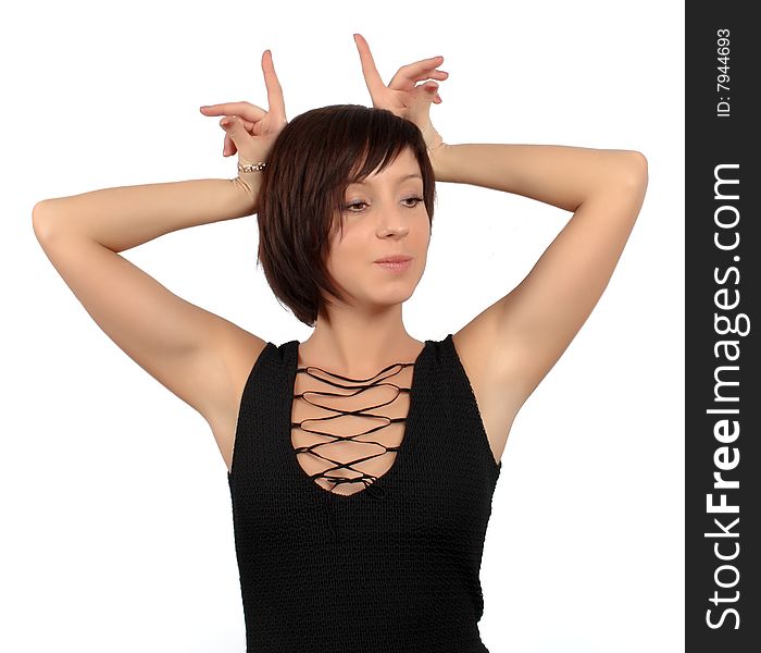 Dark haired girl in black dress isolated over white