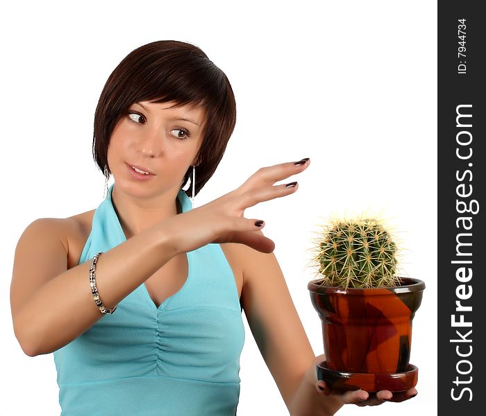 Young girl with cactus in flowerpot isolated over white