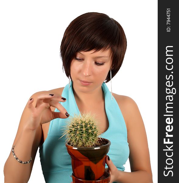 Young Girl With Cactus In Flowerpot