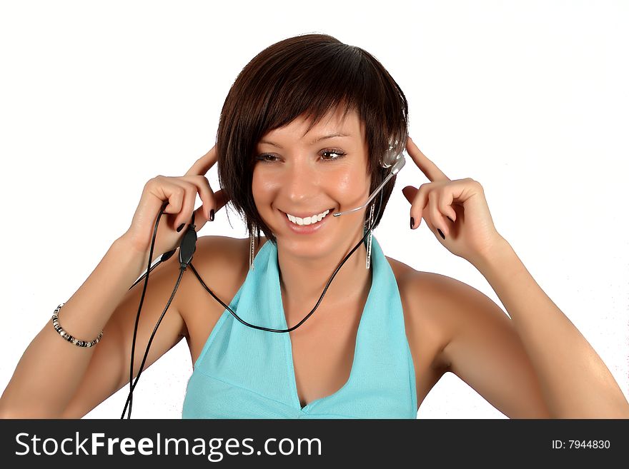 Young girl with head phones isolated over white