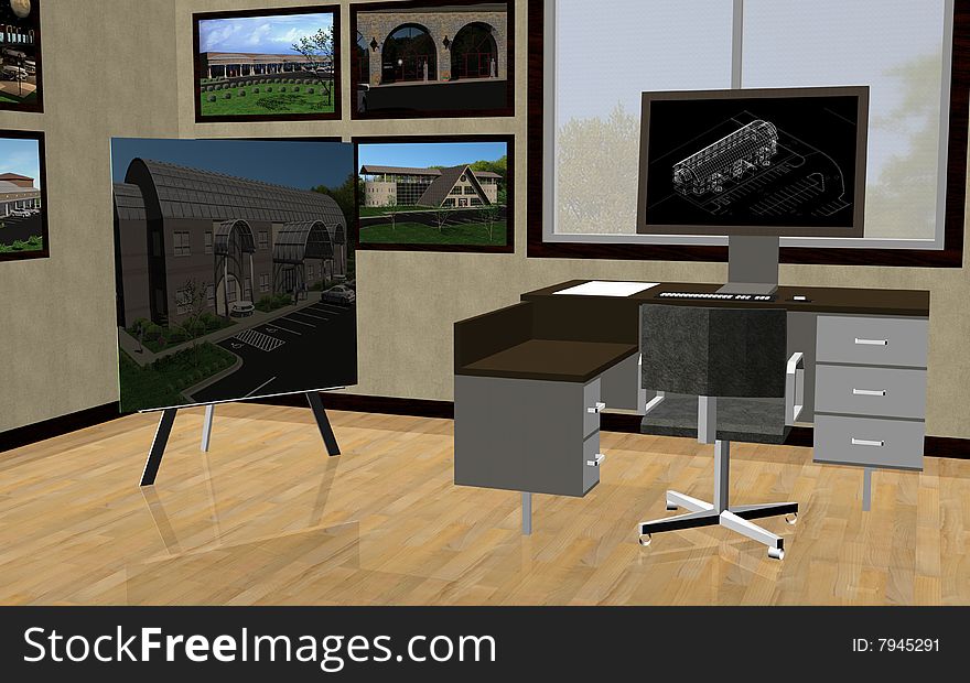 3d rendering of a cad drafter office. 3d rendering of a cad drafter office