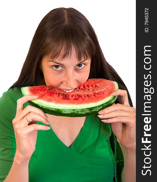 Pretty girl eating water-melon isolated on white