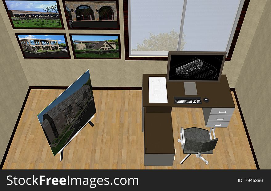 3d rendering of a cad drafter office. 3d rendering of a cad drafter office